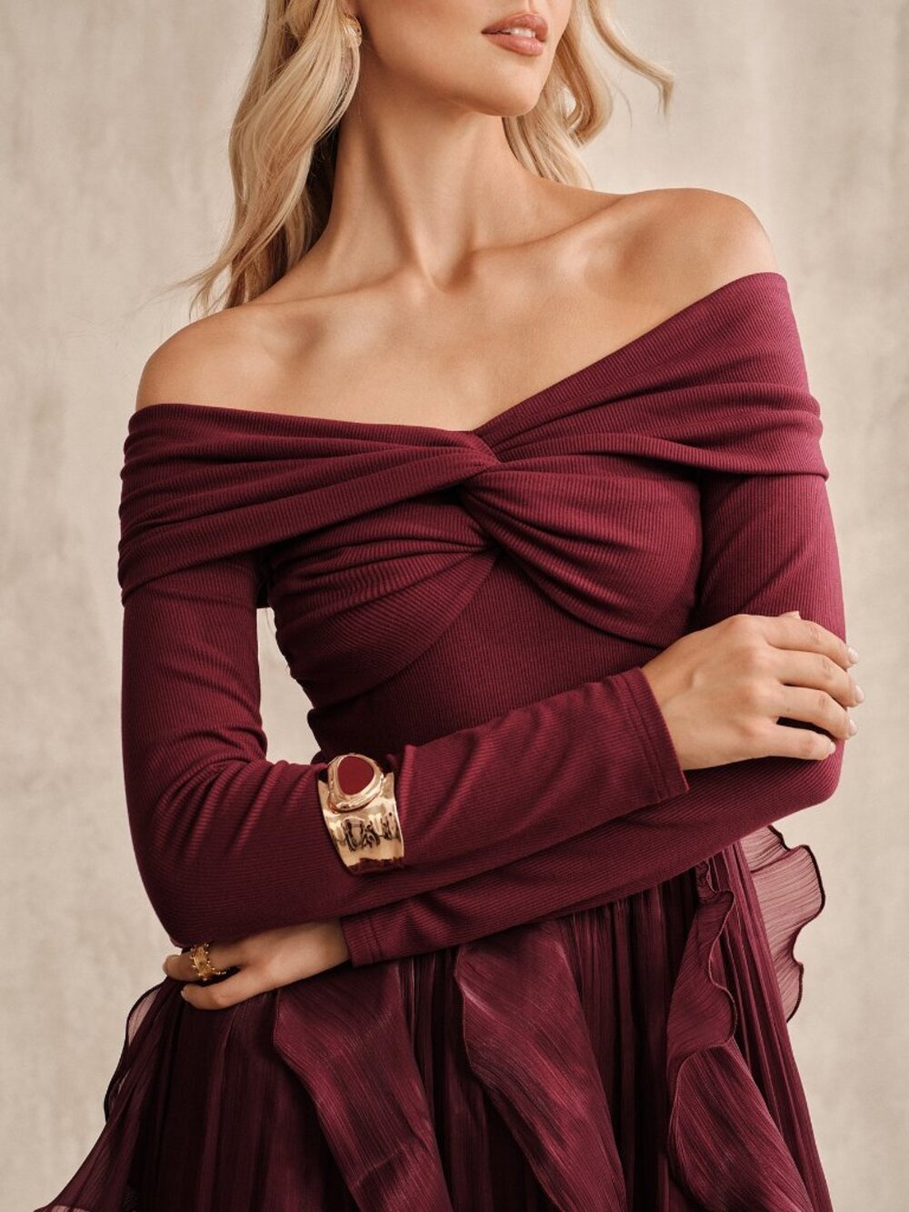 Burgundy Women's Party Off-Shoulder Zipper Ruffle Hem A-Line Long Dress - Picture 7 of 7